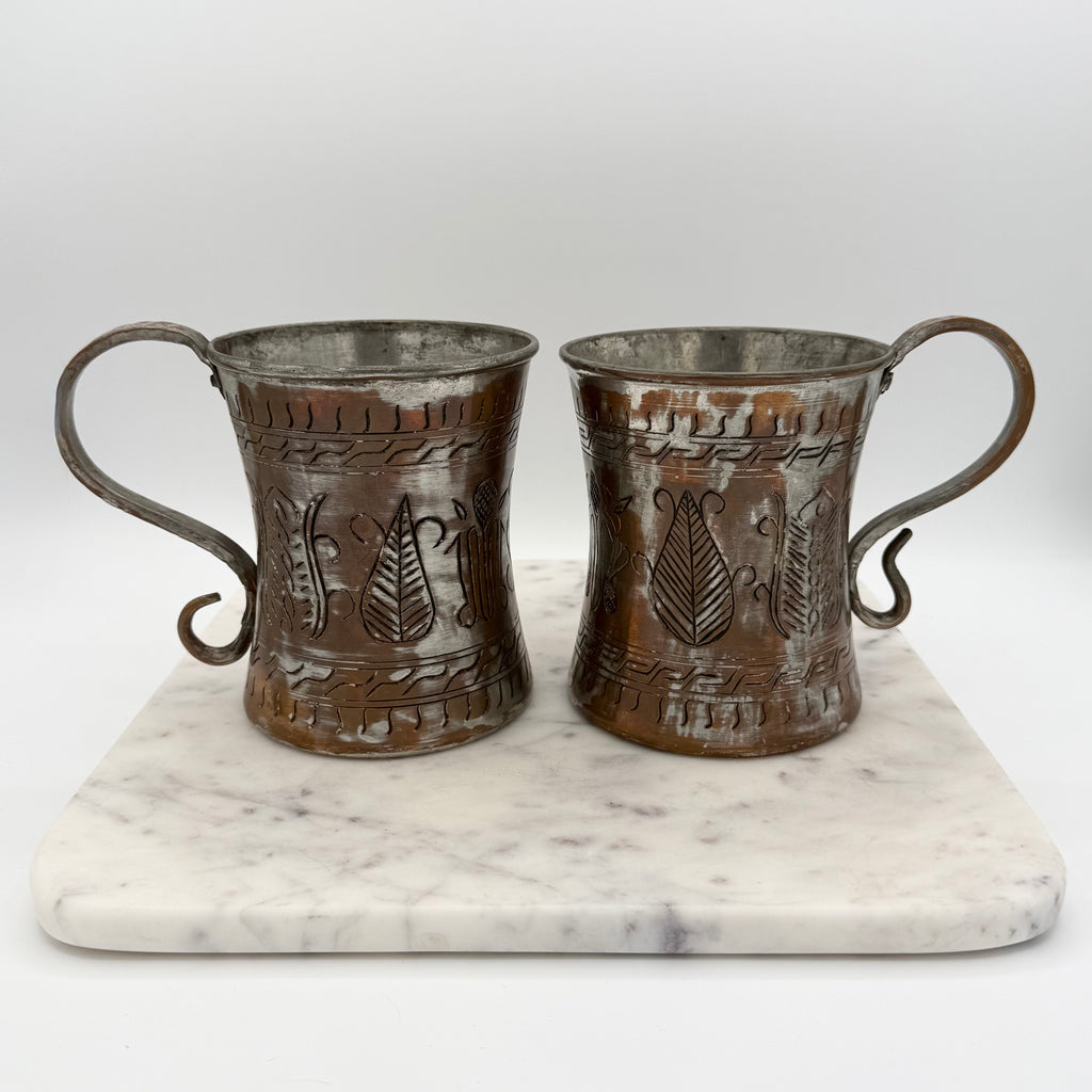 Vintage Scribed Botanical Design Brass and Silver Toned Metal Tankard Mugs, Set of 2