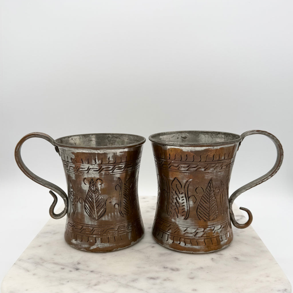 Vintage Scribed Botanical Design Brass and Silver Toned Metal Tankard Mugs, Set of 2