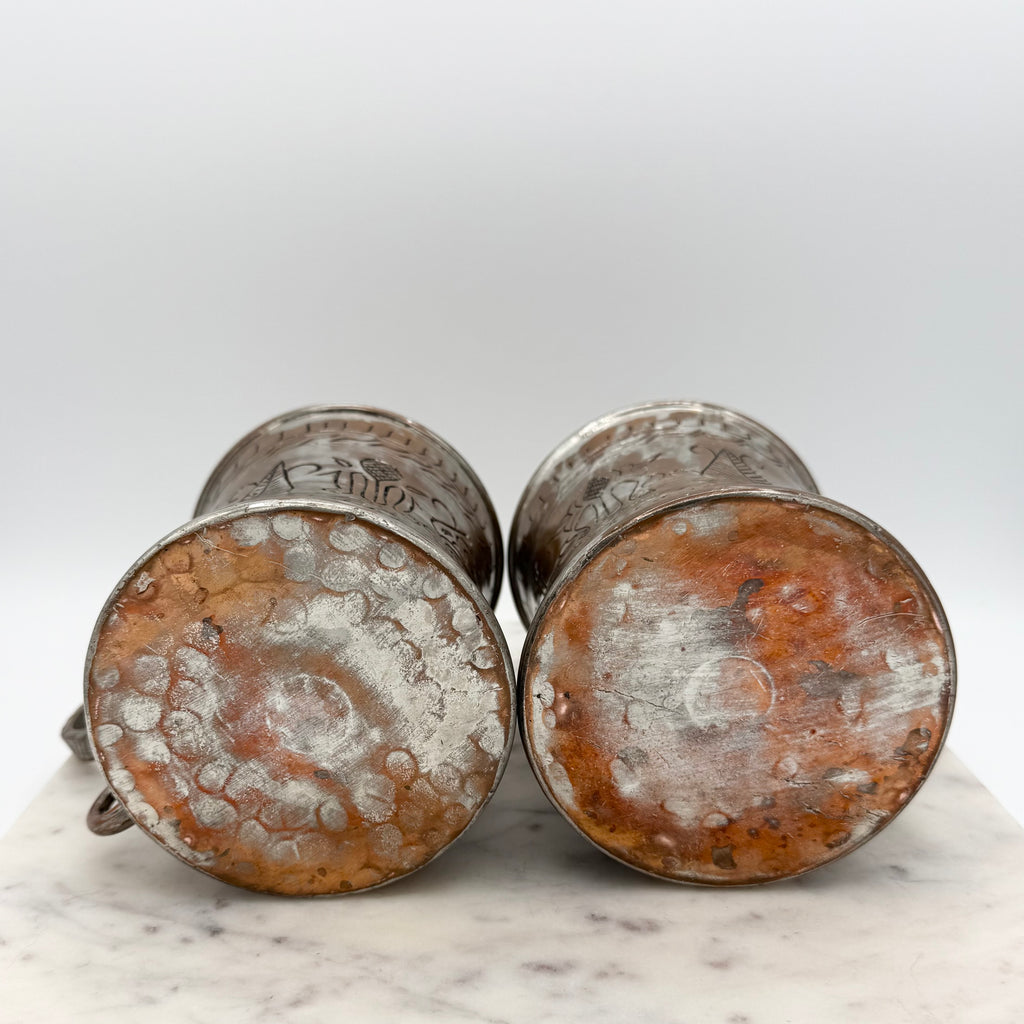 Vintage Scribed Botanical Design Brass and Silver Toned Metal Tankard Mugs, Set of 2