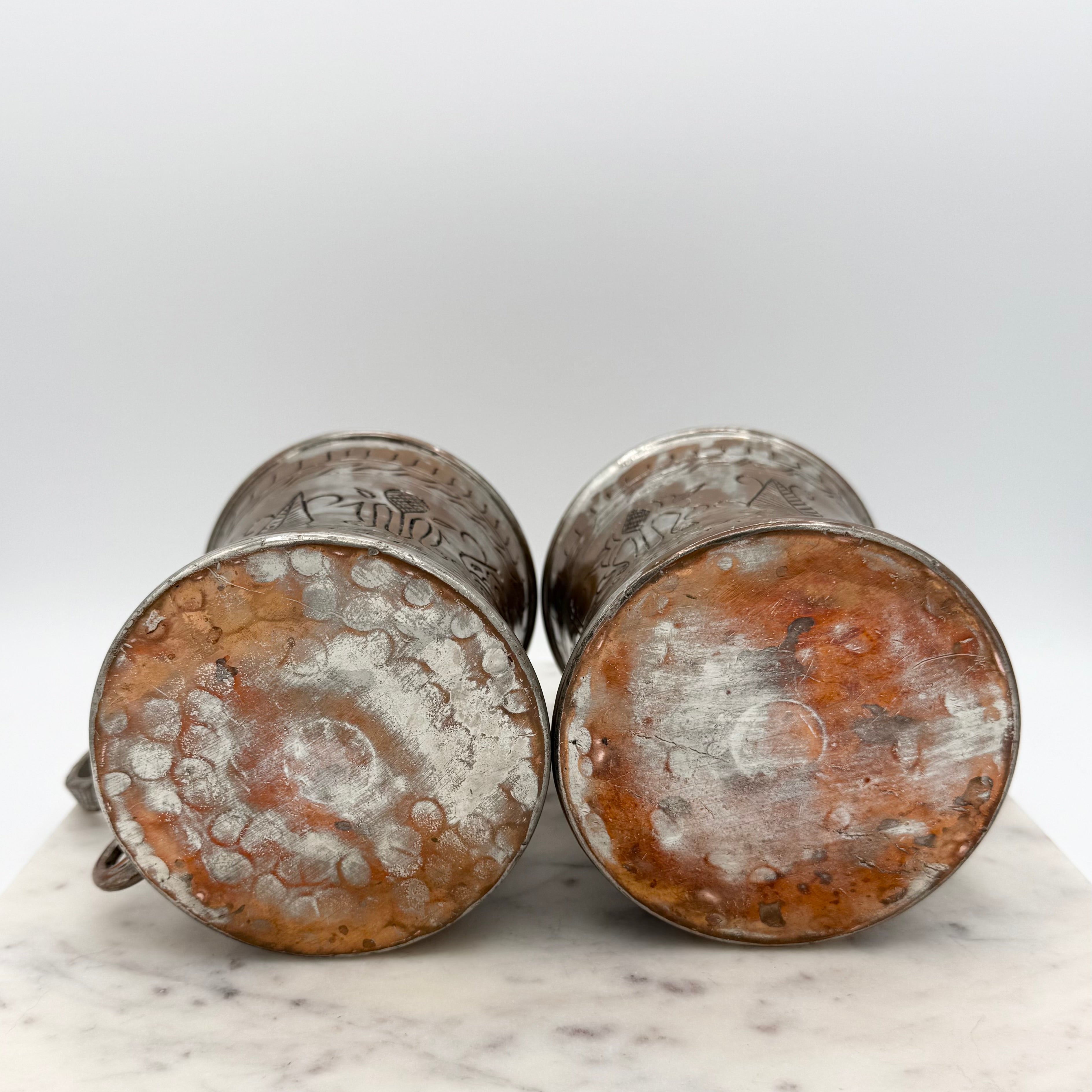 Vintage Scribed Botanical Design Brass and Silver Toned Metal Tankard Mugs, Set of 2