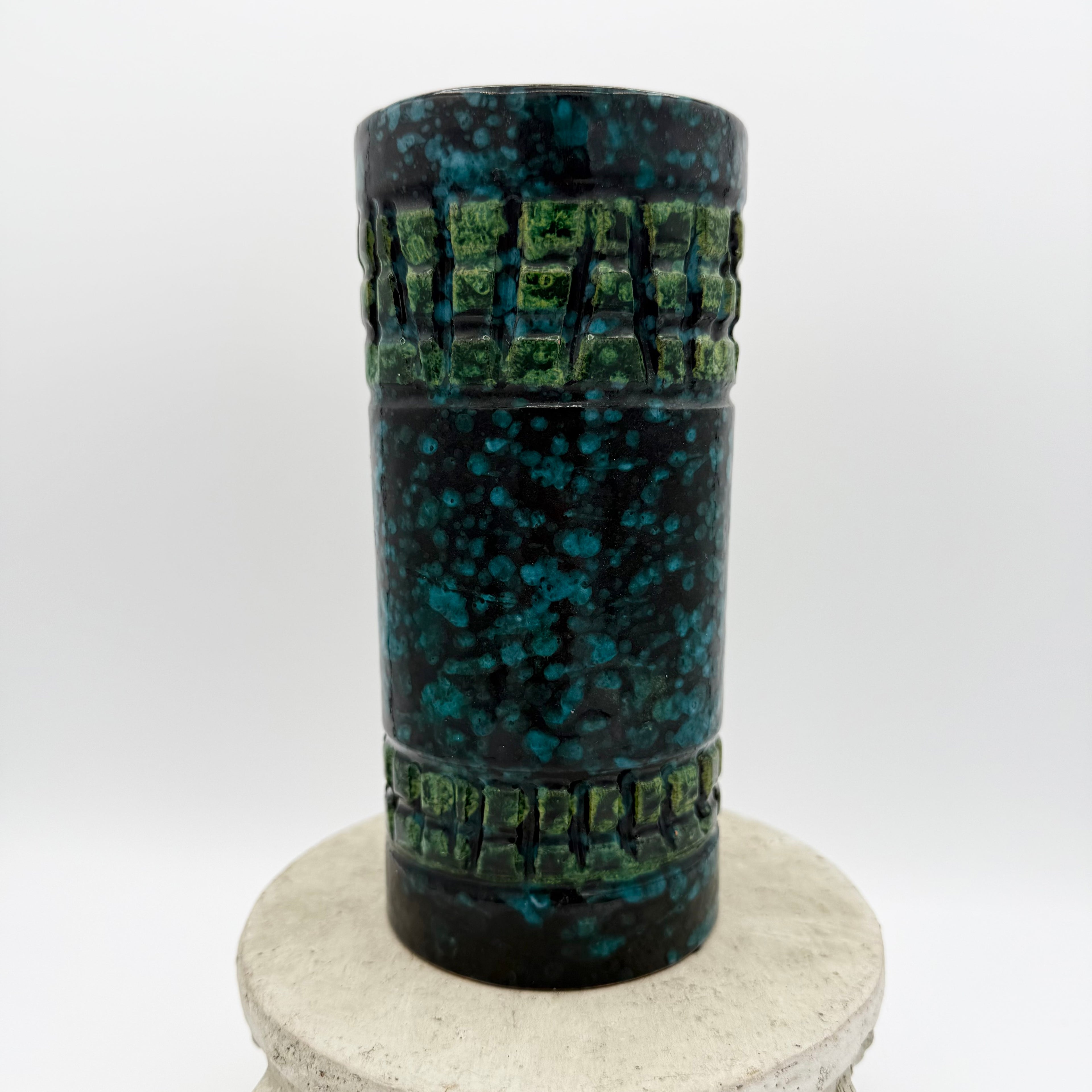 Italian Sgraffito Fat Lava Ceramic Cylinder Vase, Made in Italy