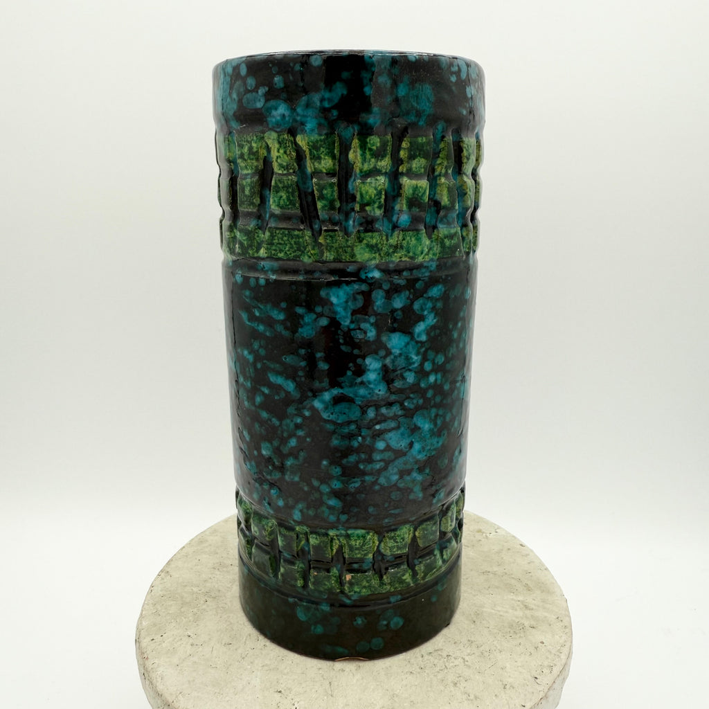Italian Sgraffito Fat Lava Ceramic Cylinder Vase, Made in Italy