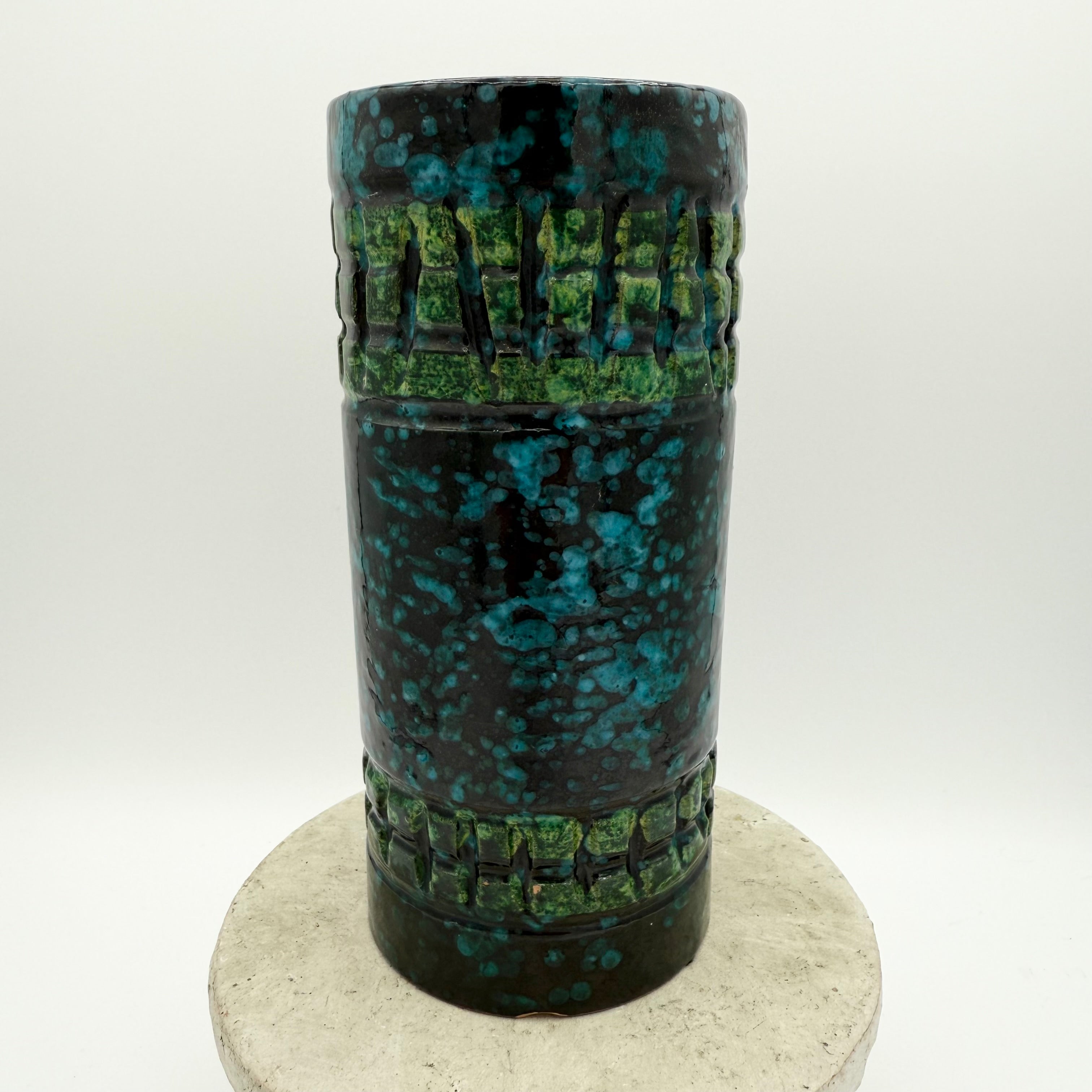 Italian Sgraffito Fat Lava Ceramic Cylinder Vase, Made in Italy