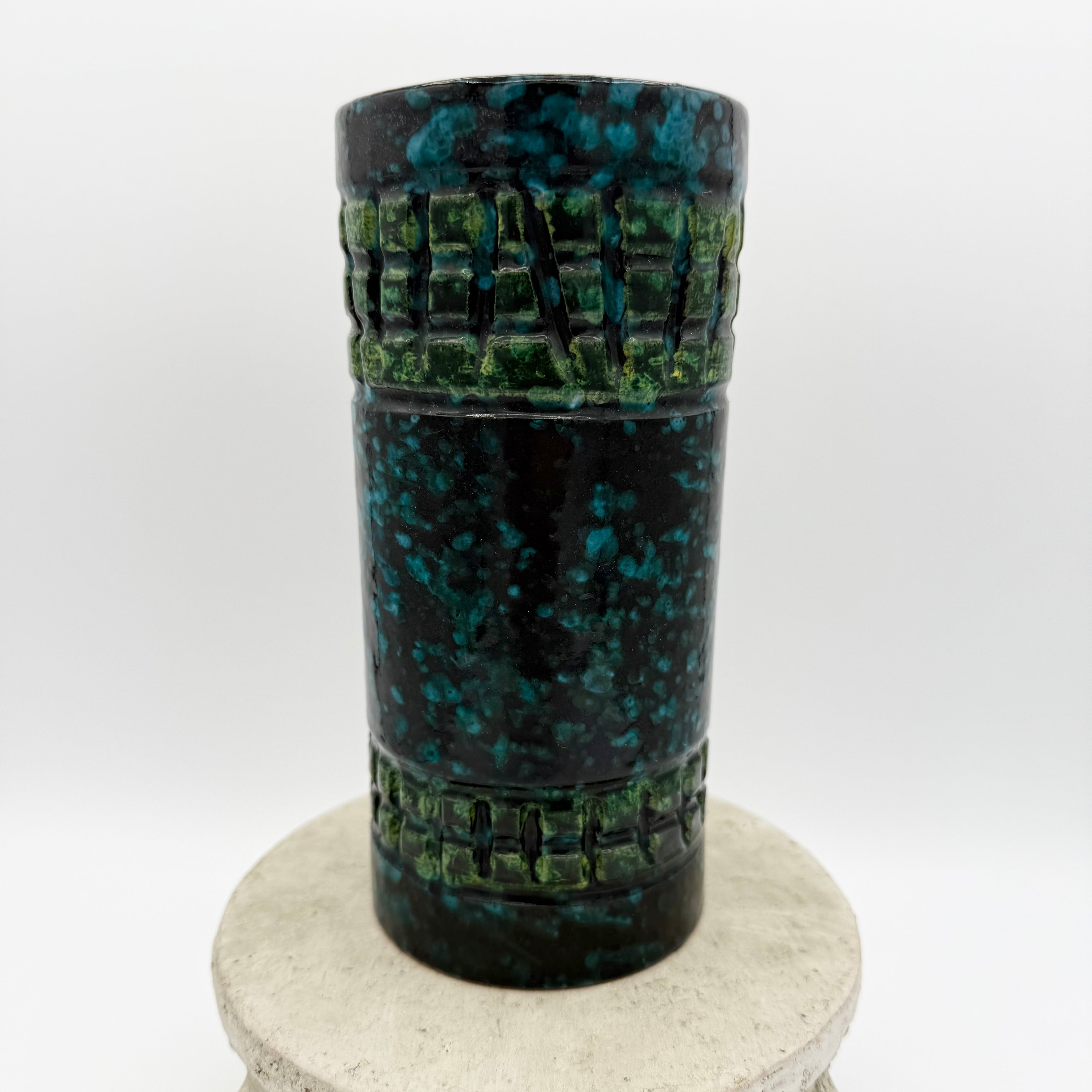 Italian Sgraffito Fat Lava Ceramic Cylinder Vase, Made in Italy