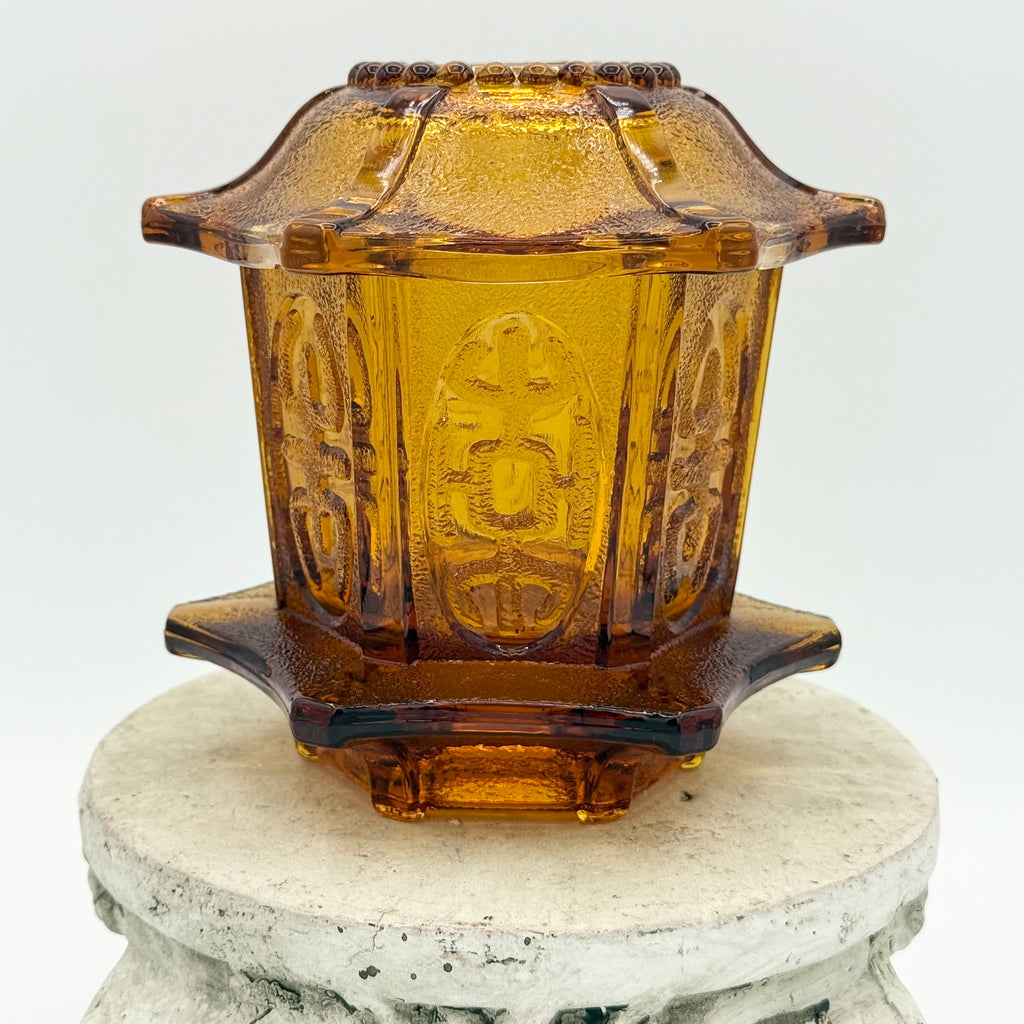 Vintage Homco Amber Art Glass Pagoda Fairy Lamp Candle Holder