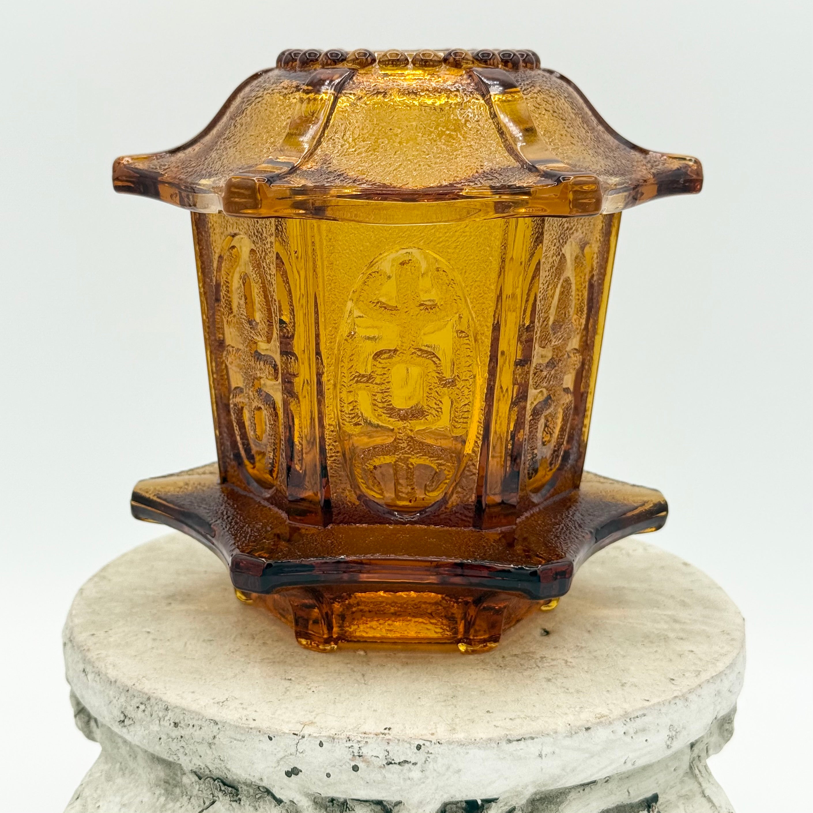 Vintage Homco Amber Art Glass Pagoda Fairy Lamp Candle Holder