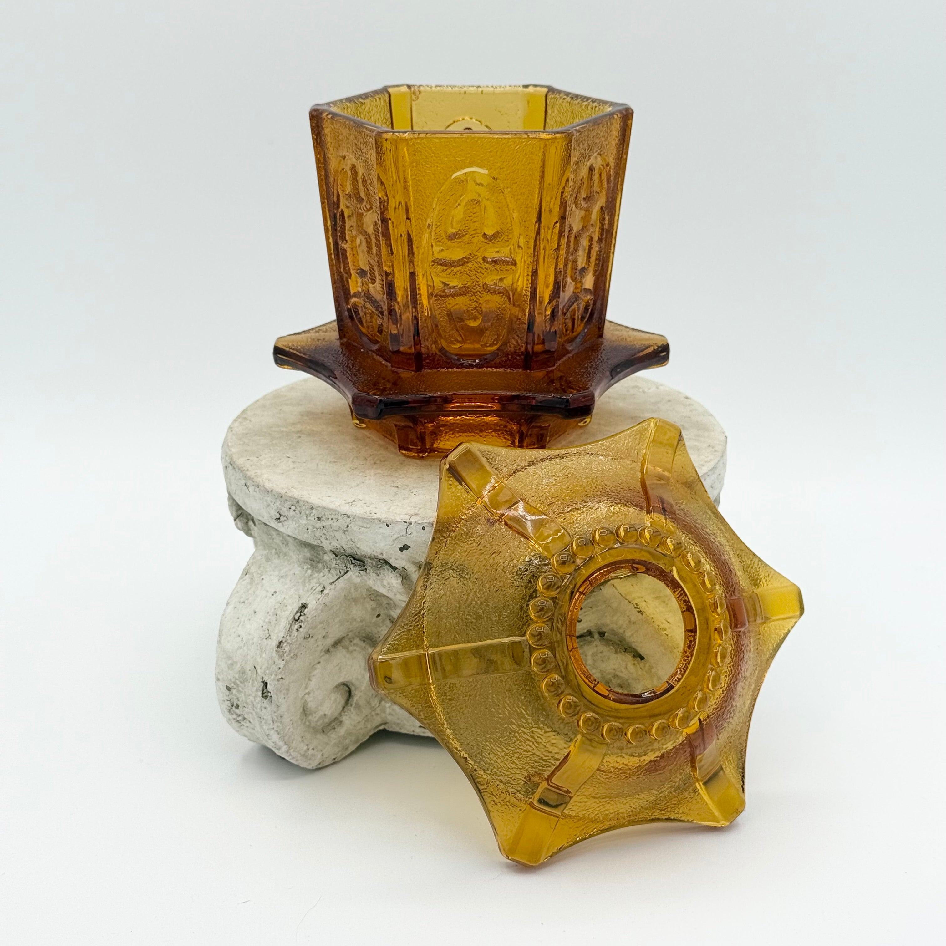 Homco Amber Art Glass Pagoda Fairy Lamp Candle Holder