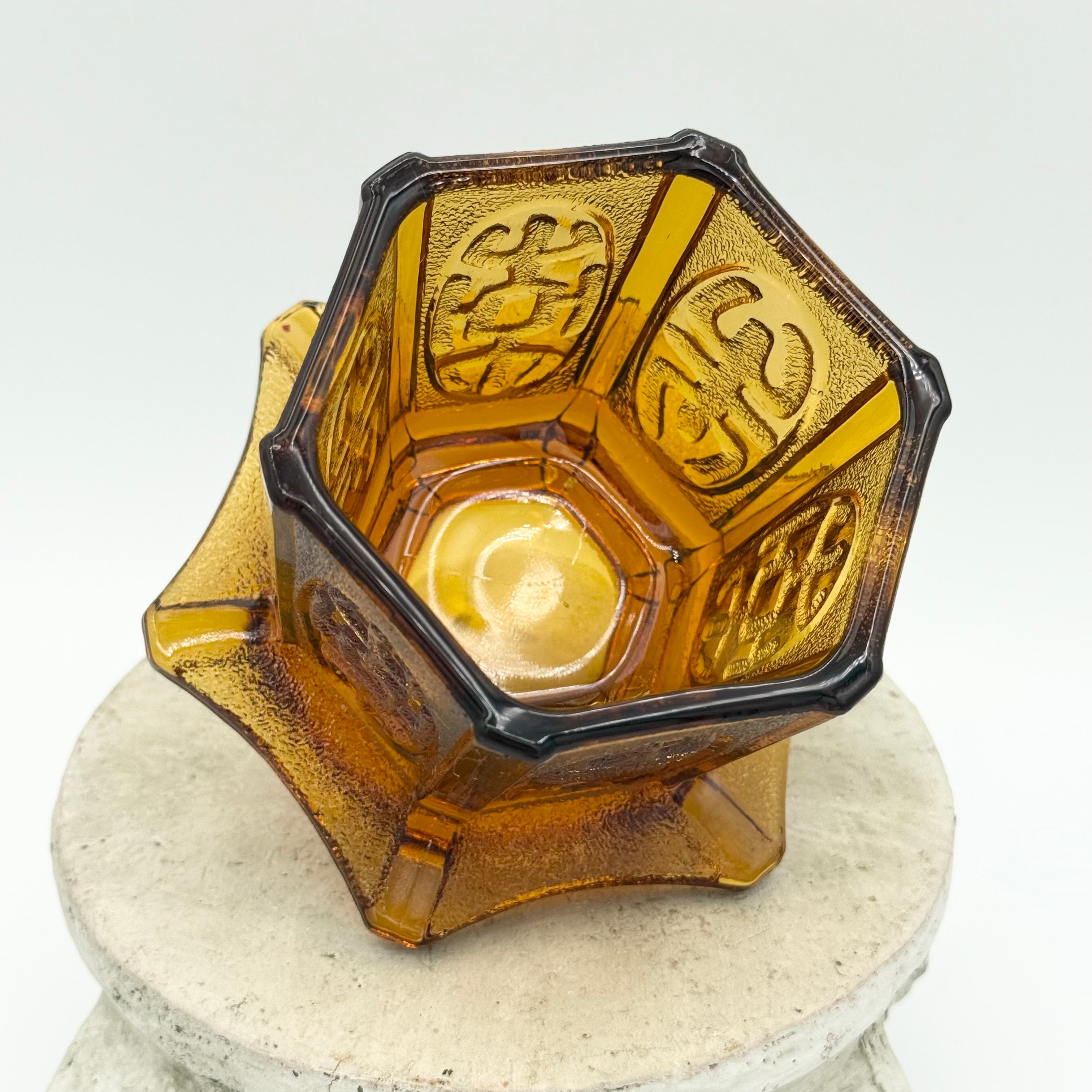 Homco Amber Art Glass Pagoda Fairy Lamp Candle Holder