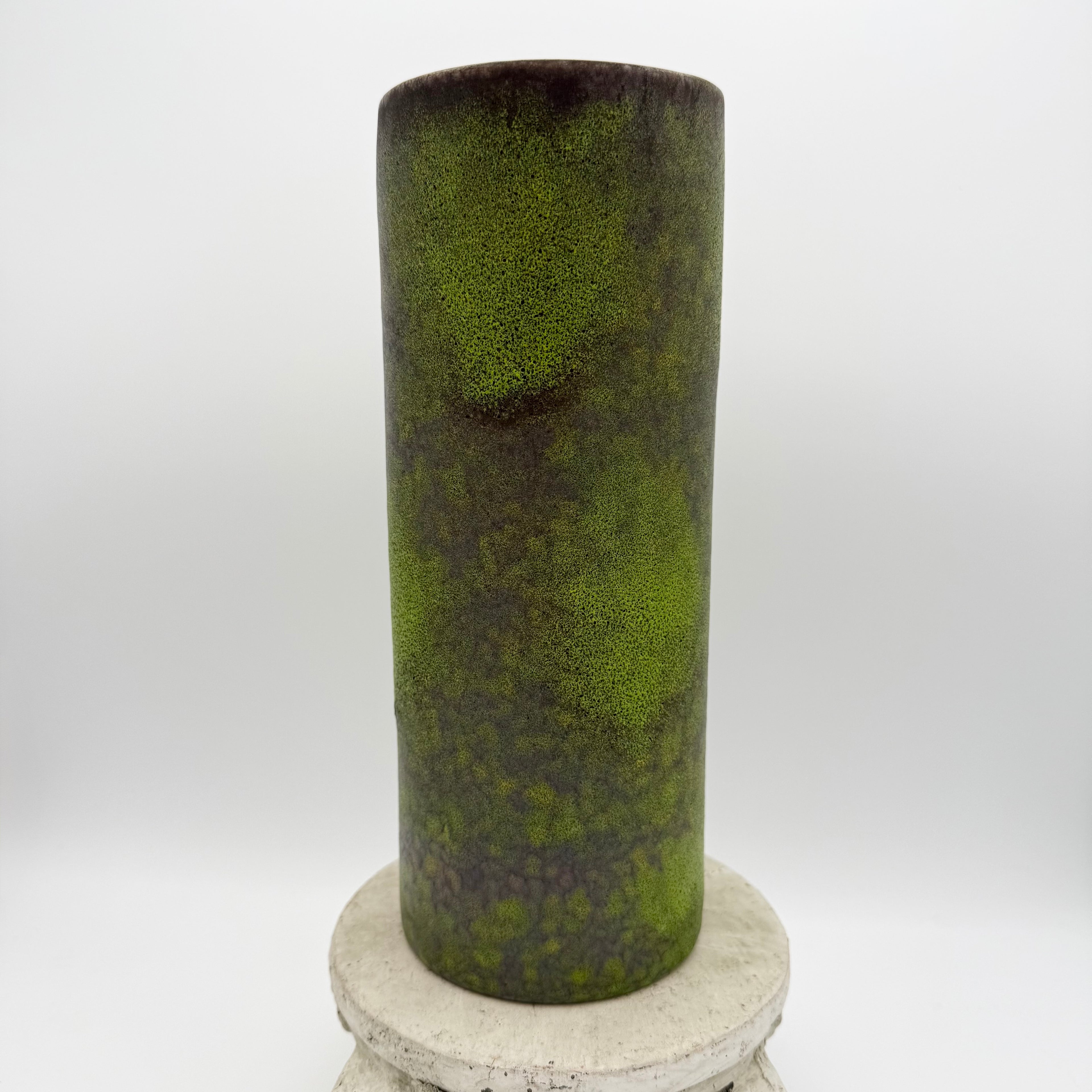 Vintage Green and Brown Speckled Ceramic Vintage Cylinder Vase