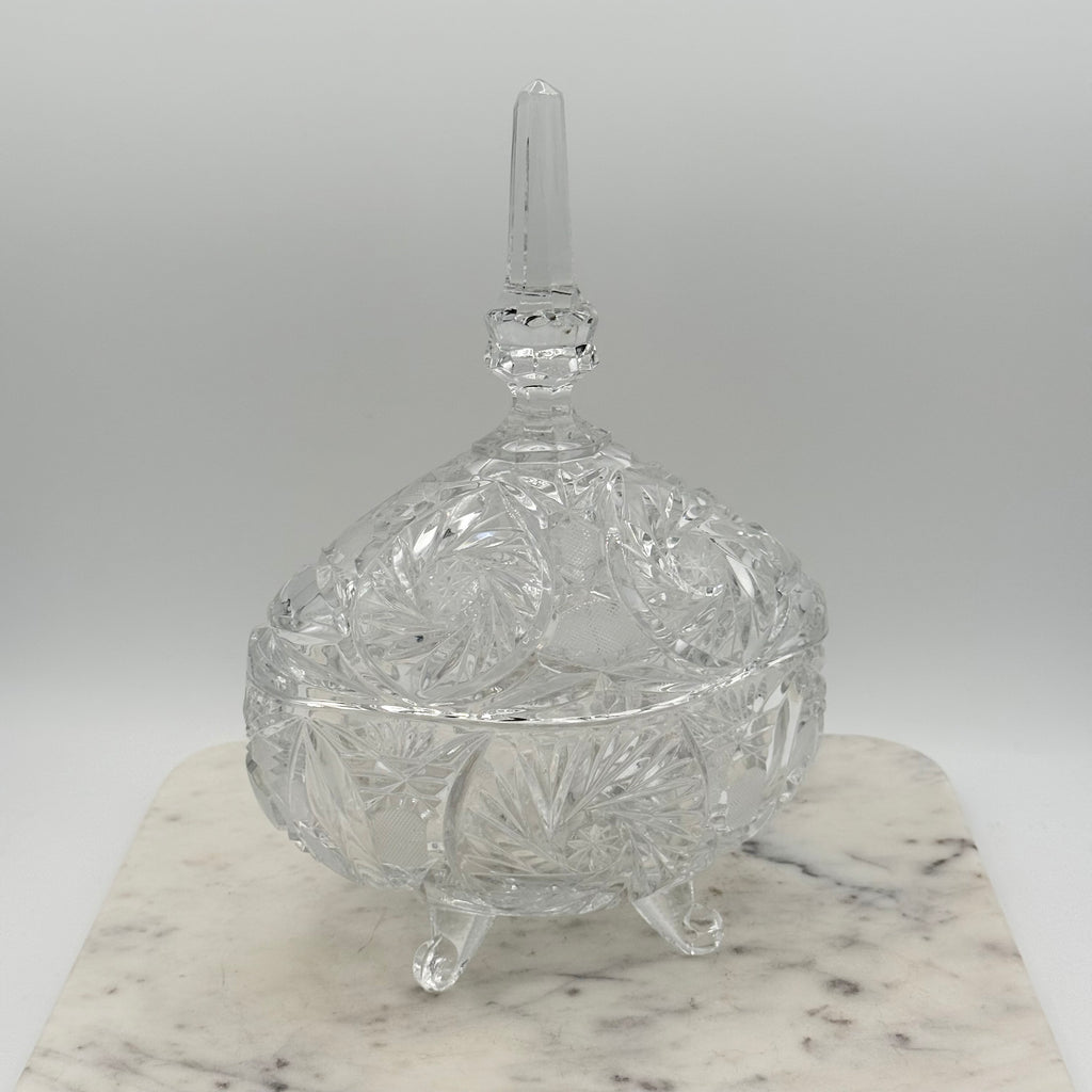 Antique American Brilliant Cut Glass Large Footed Oval Candy Dish With Ornate Lid