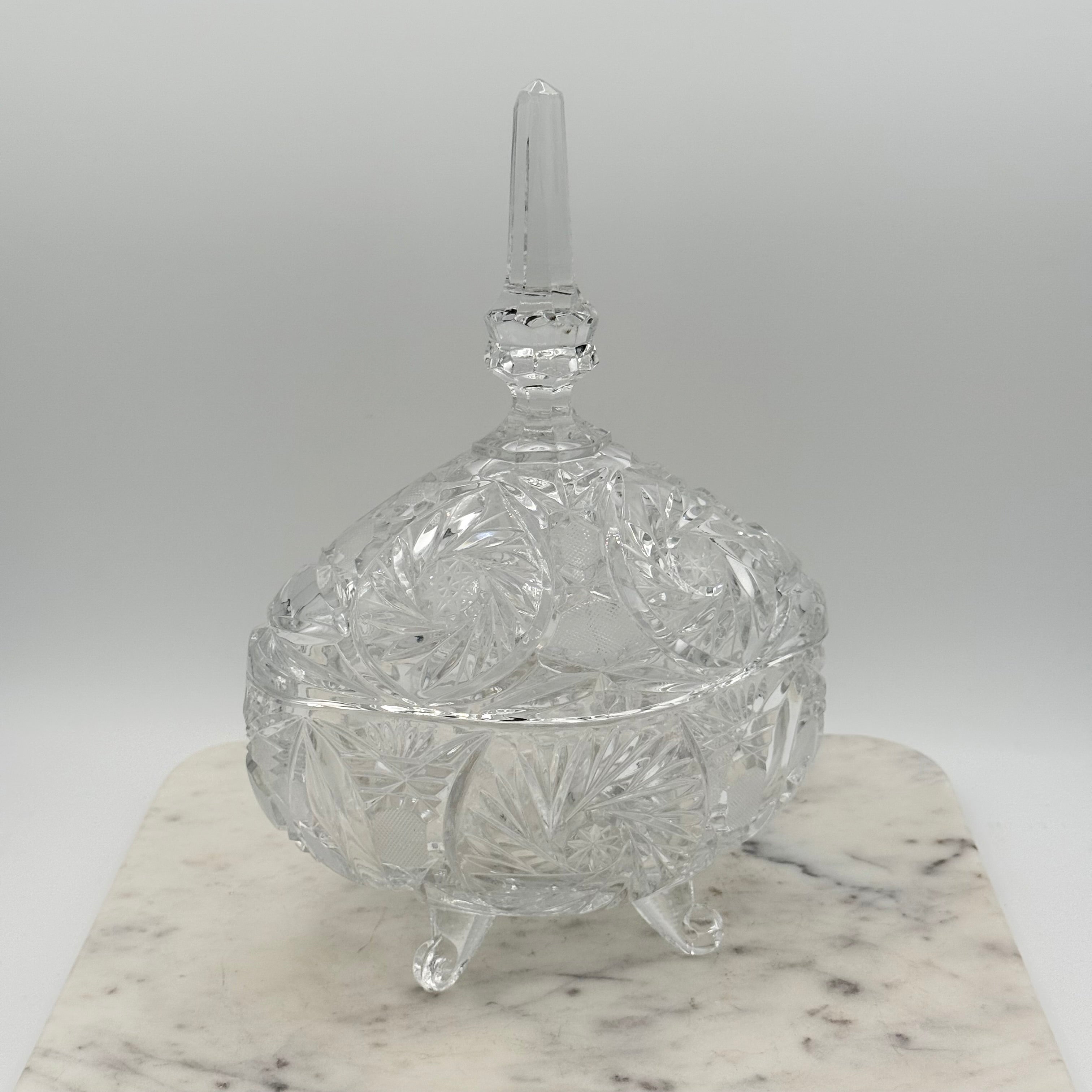 Antique American Brilliant Cut Glass Large Footed Oval Candy Dish With Ornate Lid