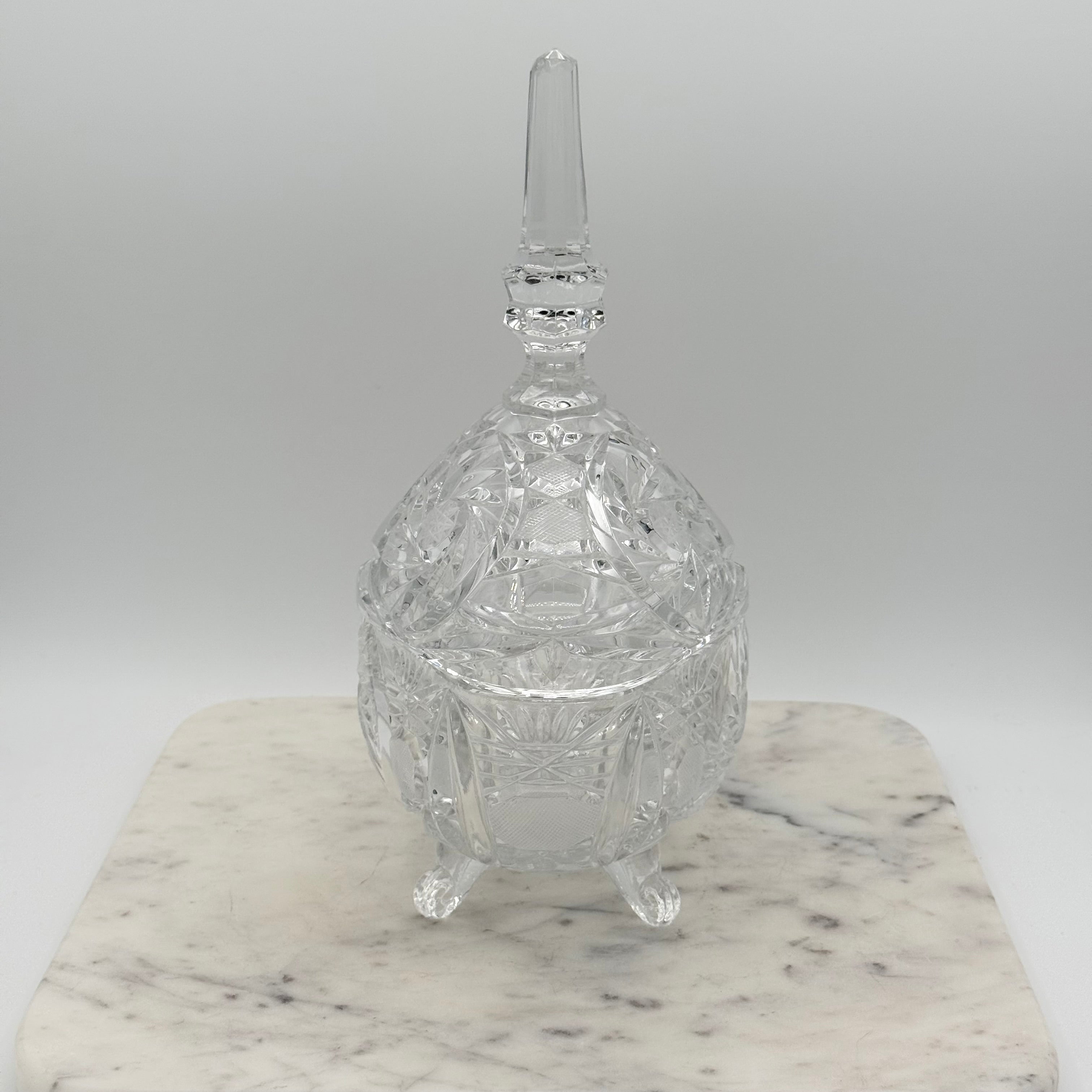 Antique American Brilliant Cut Glass Large Footed Oval Candy Dish With Ornate Lid