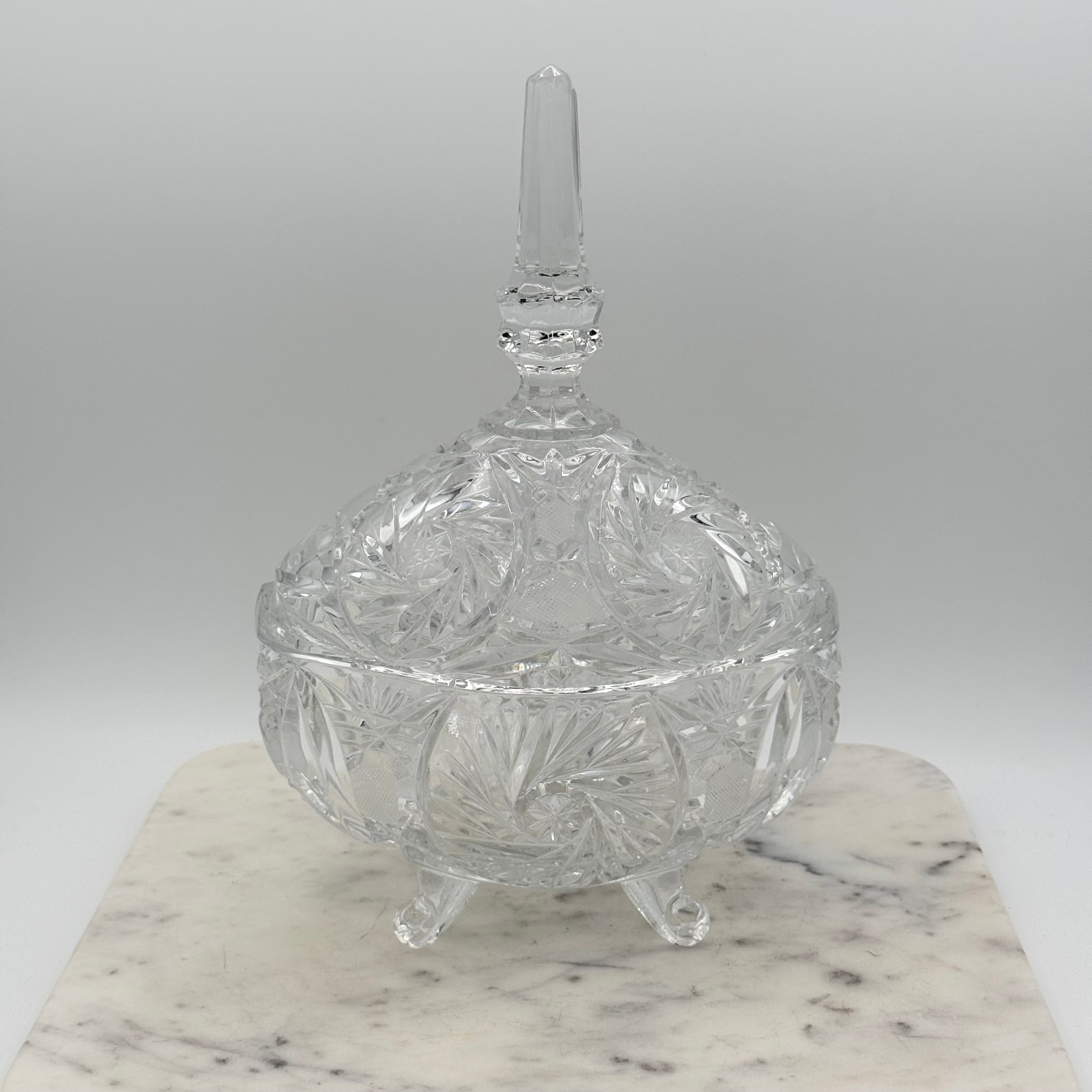 Antique American Brilliant Cut Glass Large Footed Oval Candy Dish With Ornate Lid