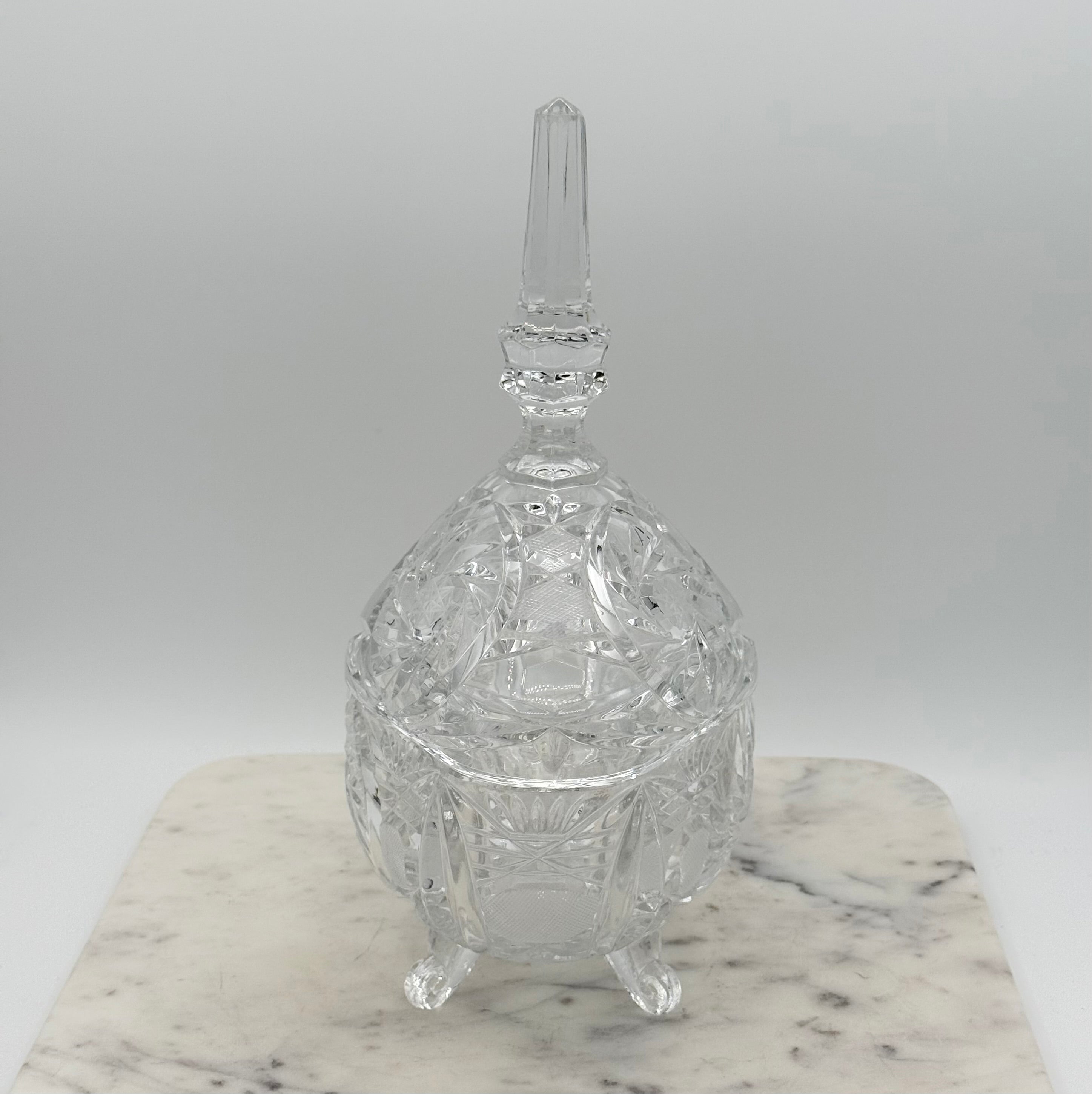Antique American Brilliant Cut Glass Large Footed Oval Candy Dish With Ornate Lid