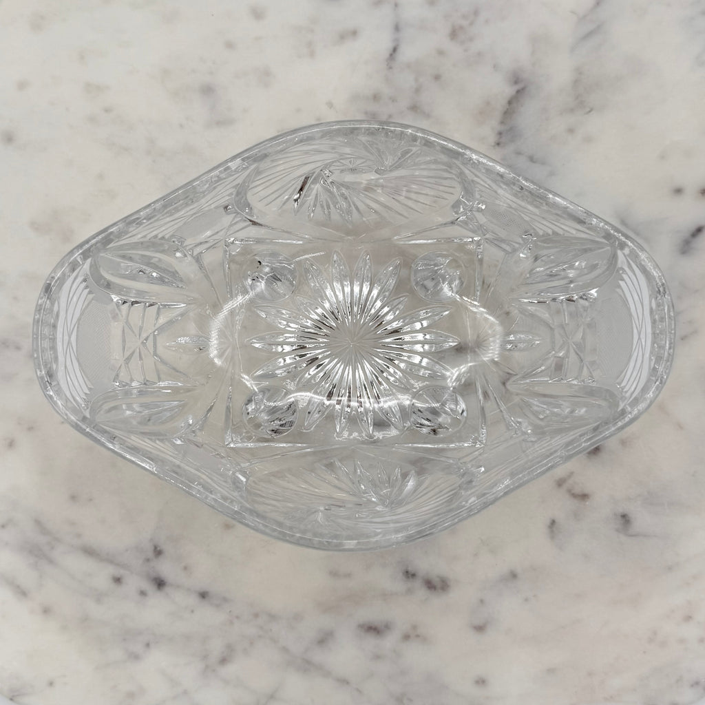 Antique American Brilliant Cut Glass Large Footed Oval Candy Dish With Ornate Lid