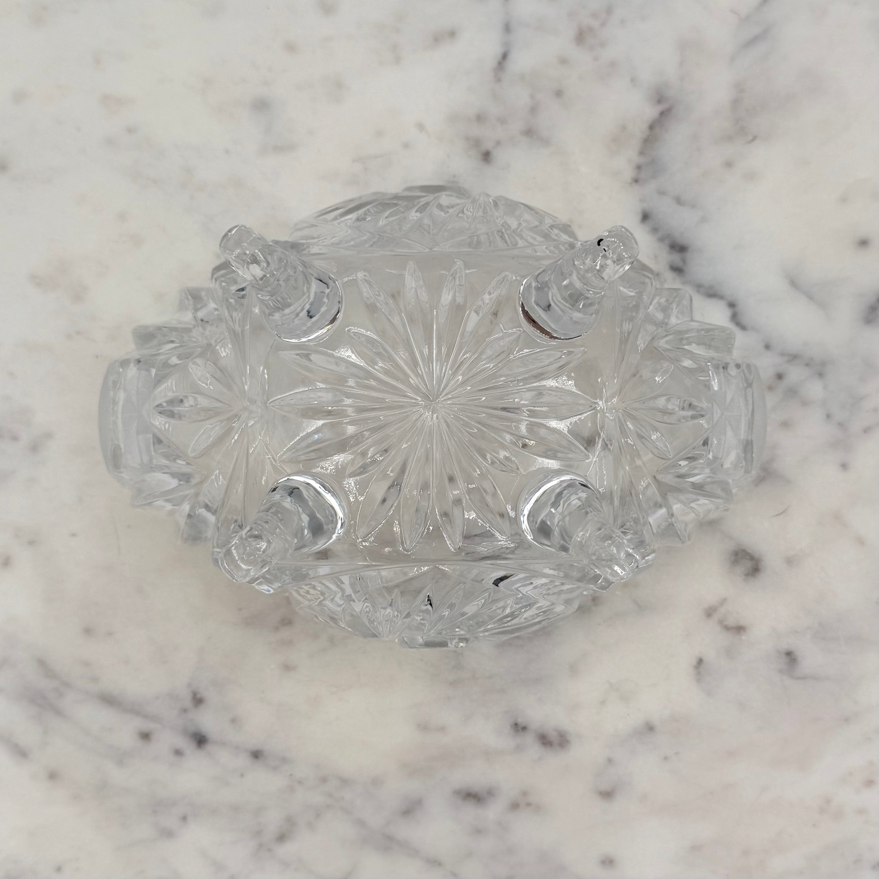 Antique American Brilliant Cut Glass Large Footed Oval Candy Dish With Ornate Lid