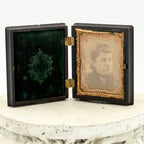 Antique Gutta Percha Frame with Green Velvet Interior and Woman's Photo