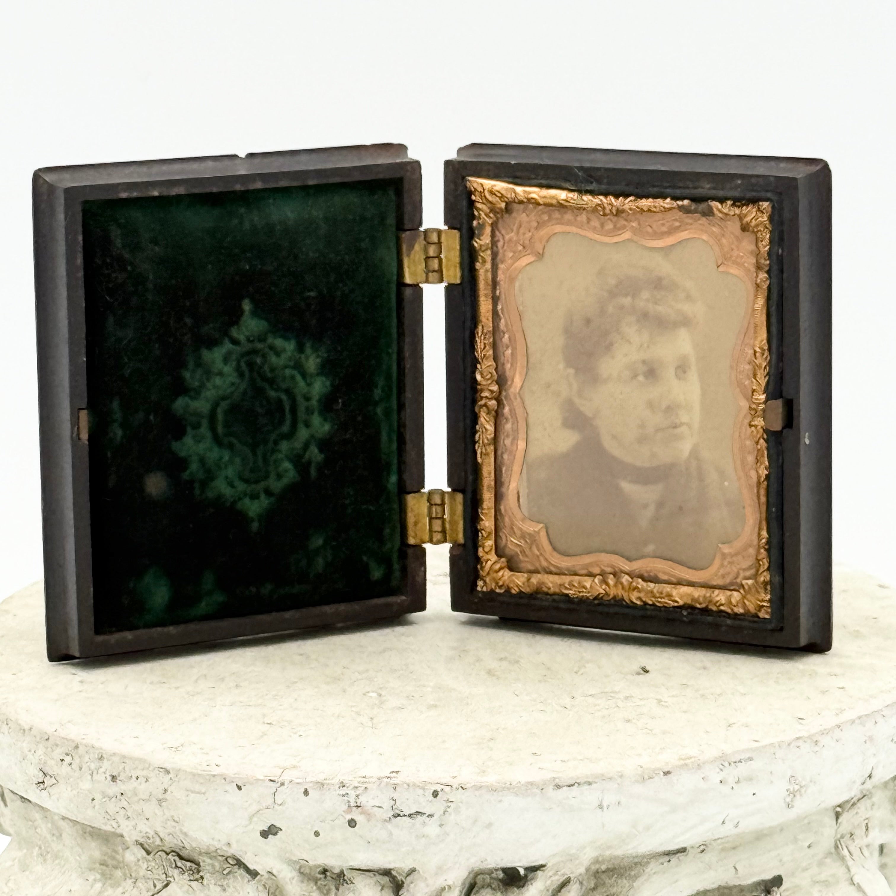 Antique Gutta Percha Frame with Green Velvet Interior and Woman's Photo