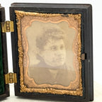 Antique Gutta Percha Frame with Green Velvet Interior and Woman's Photo