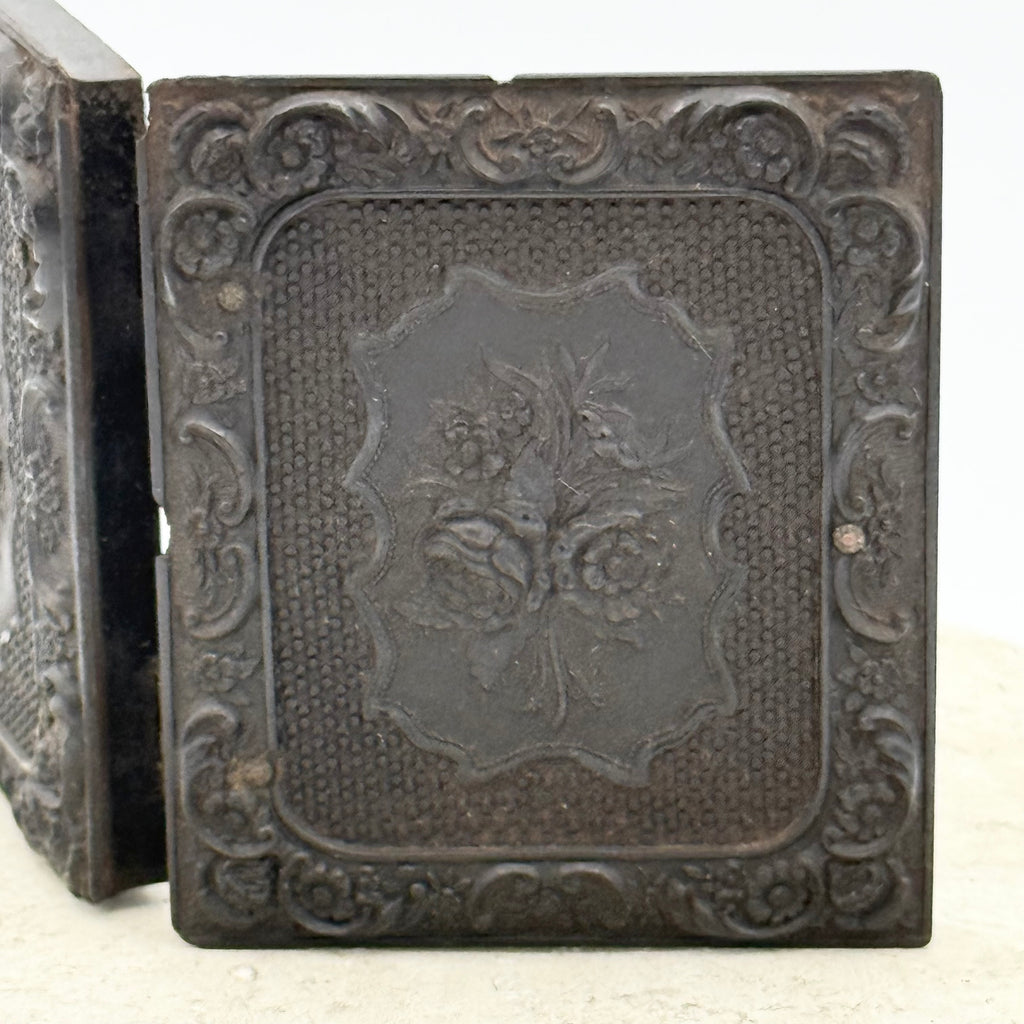 Antique Gutta Percha Frame with Green Velvet Interior and Woman's Photo