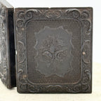 Antique Gutta Percha Frame with Green Velvet Interior and Woman's Photo