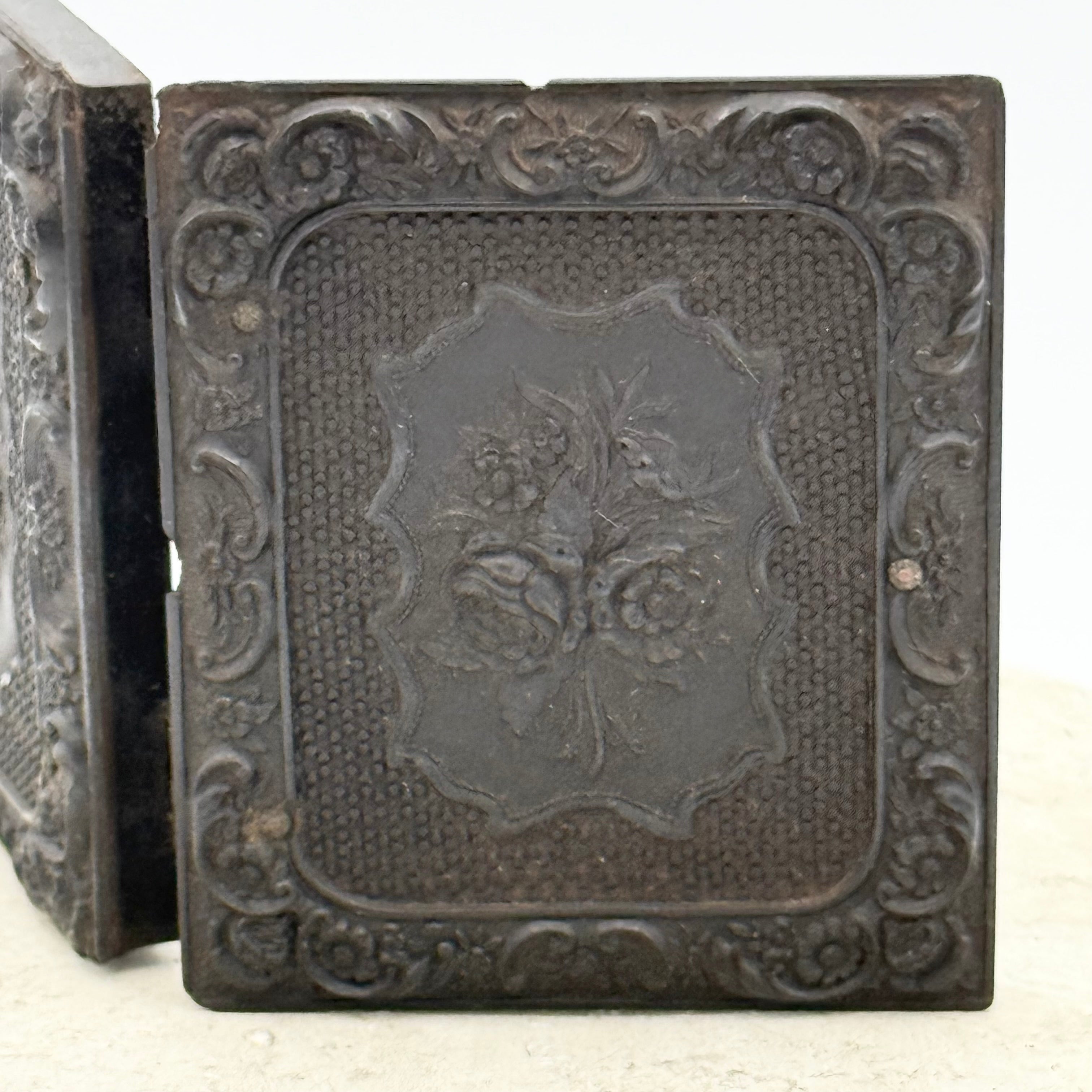 Antique Gutta Percha Frame with Green Velvet Interior and Woman's Photo