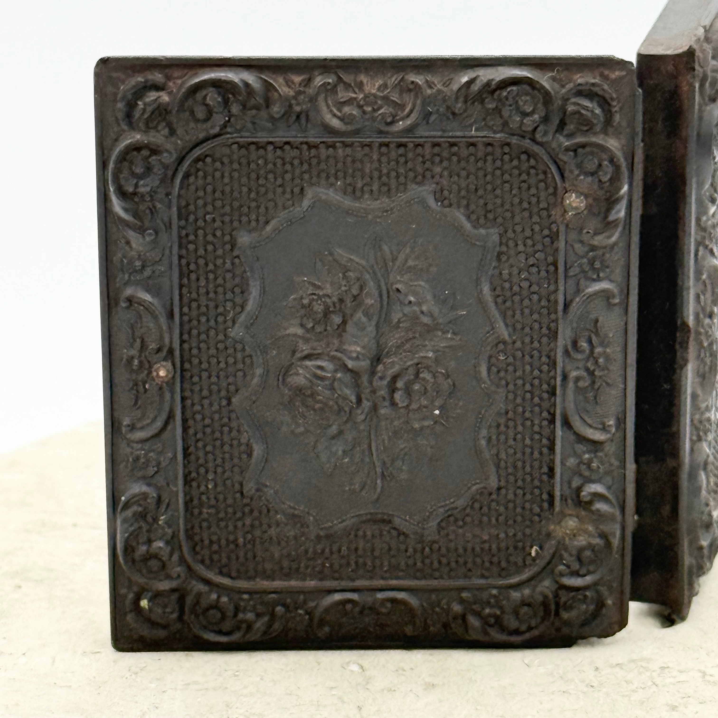 Antique Gutta Percha Frame with Green Velvet Interior and Woman's Photo